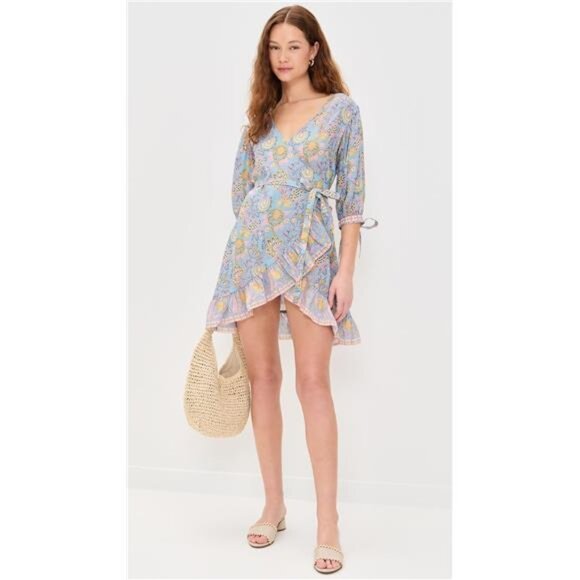 BELL Cindy Wrap Mini Dress Blue Yellow Print Retro Garden Girl Feminine Romantic - Picture 5 of 7